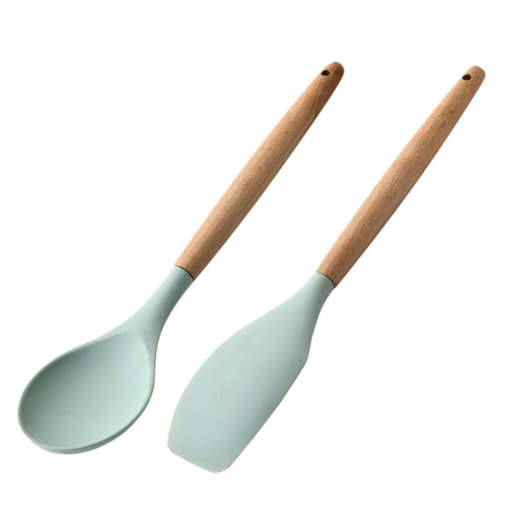 Spoon & Spatula Utensils Set Heat Resistant with Natural Wooden Handle