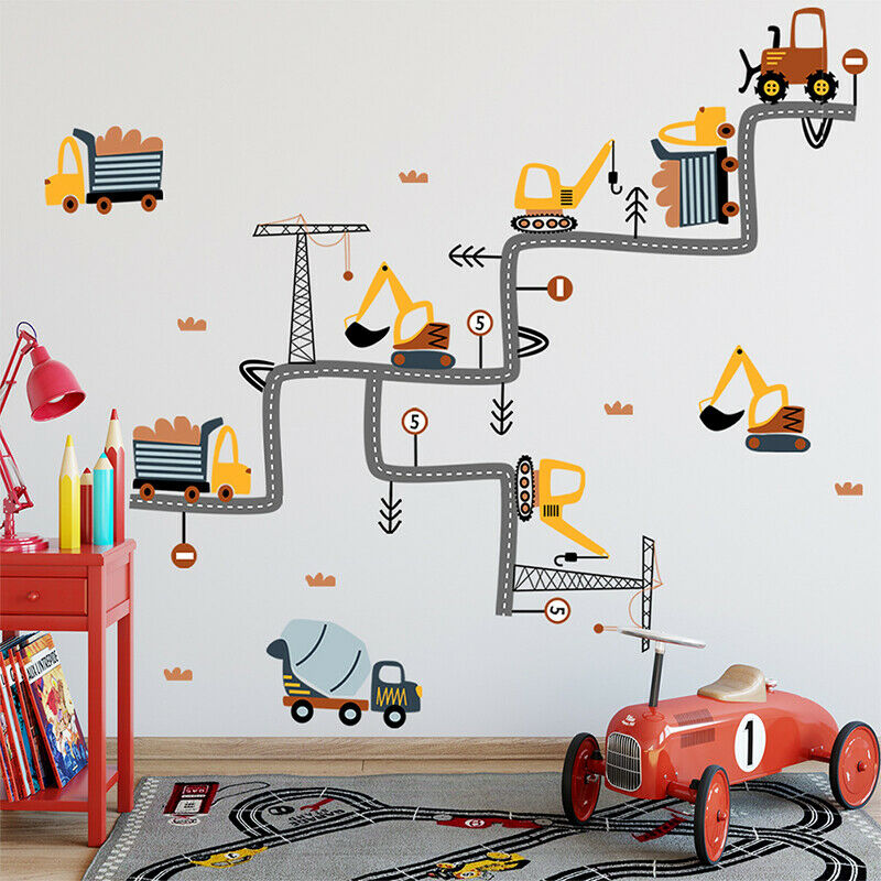 Cartoon Excavator Road Wall Stickers For Kids Baby Rooms Boys mural artM Qx
