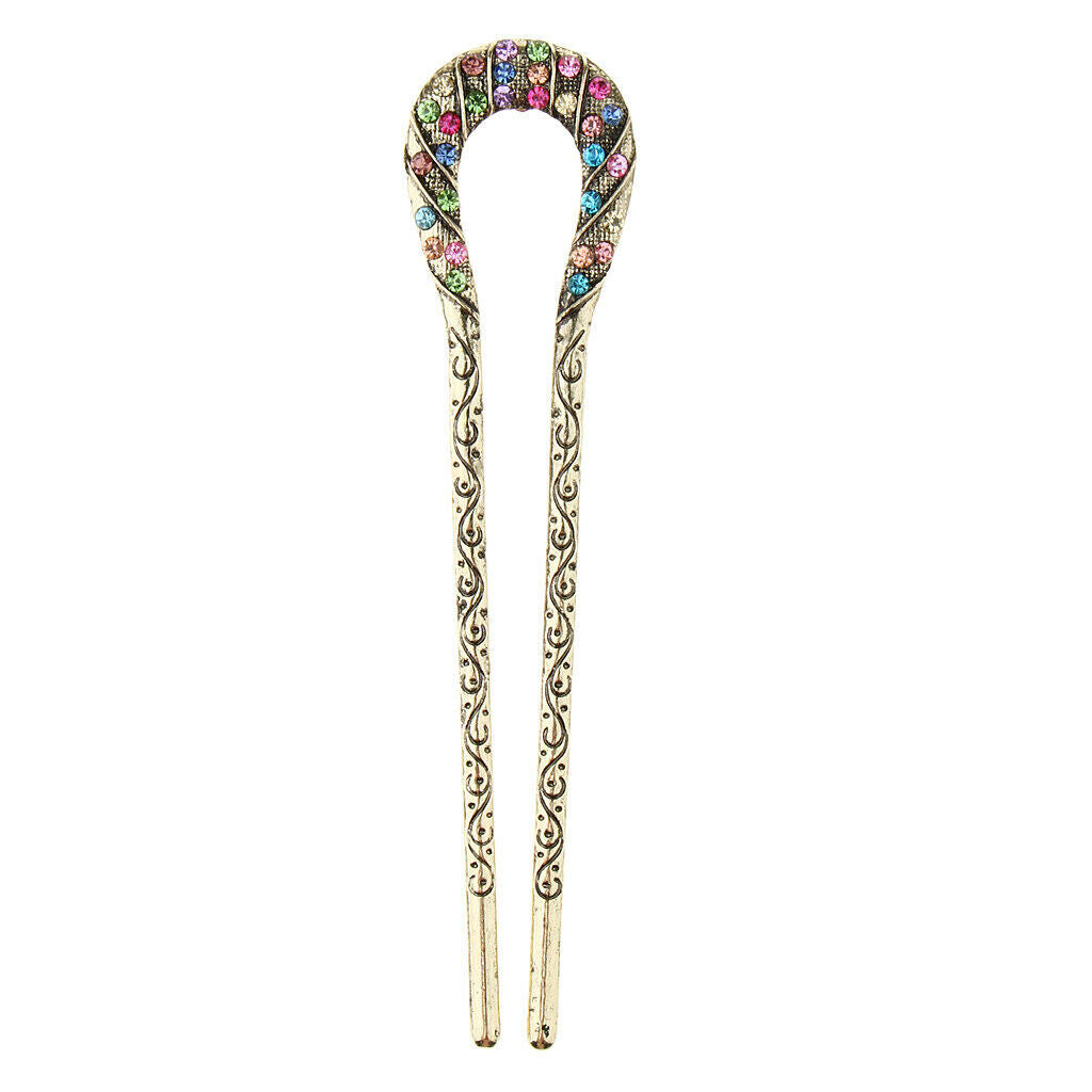Retro Chinese Rhinestone Fork Hair Stick Wedding Bridal Chignon Pin Colorful