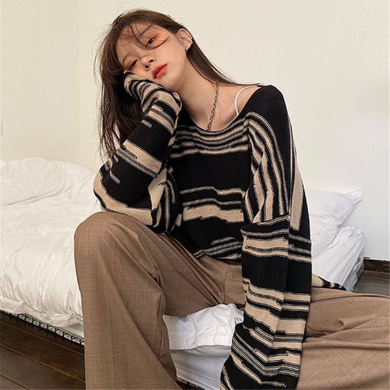 Knitted Striped Jumpers Loose Sweater Long Sleeve Oversize Pullover Casual Retro