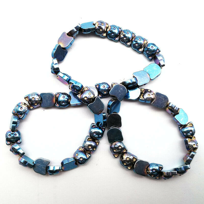 One Strand 8x8x4mm Carved Sky Blue Hematite Gem Cat Head Loose Bead 15.5 " A55TS