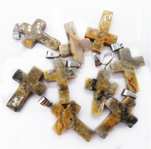 100Pcs 25x18x6mm Wholesale Yellow Crazy Lace Agate Cross Pendant Bead HH8279