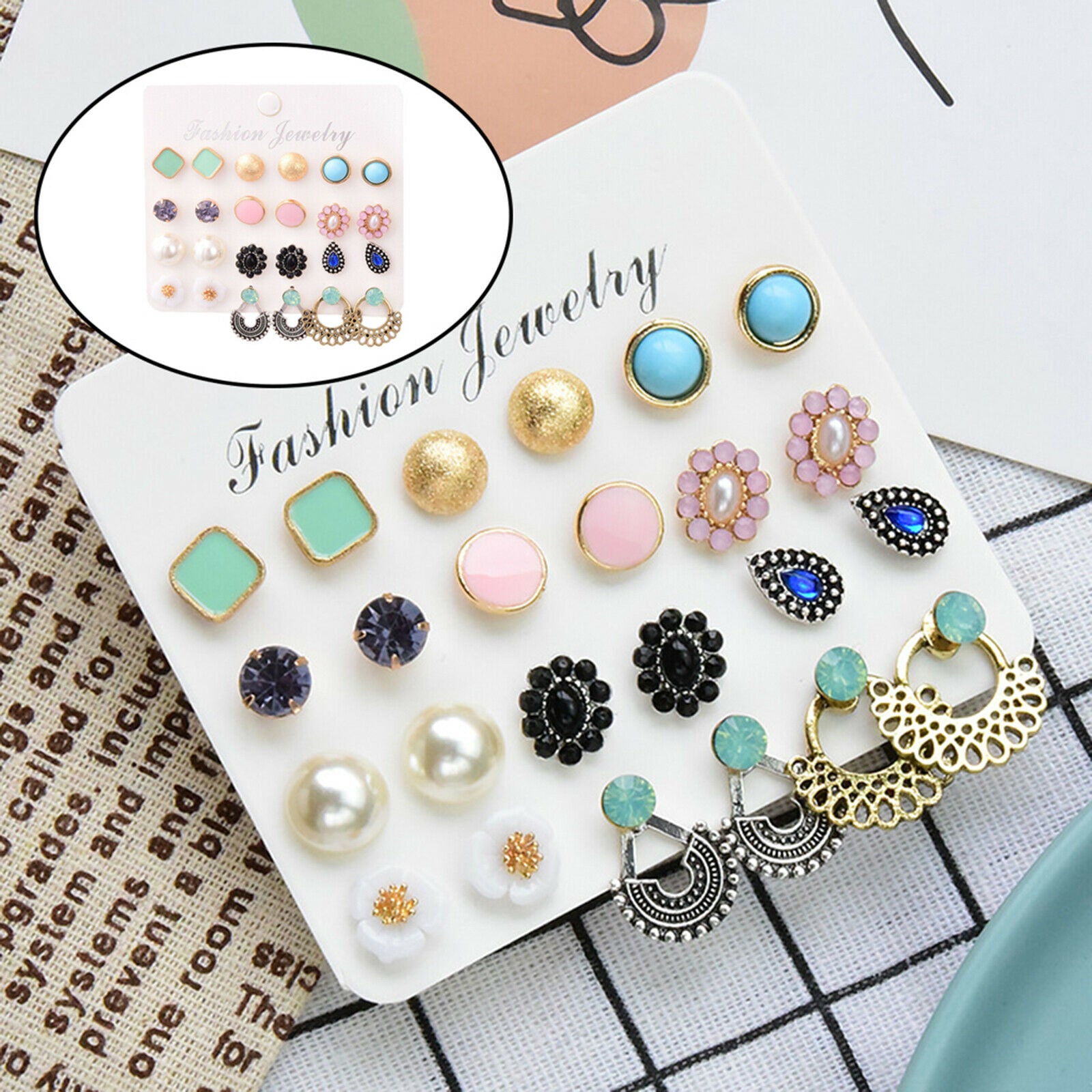 12 Pairs Earrings Ear Cuff Glass Rhinestone Set for Women Jewel Easy Wear