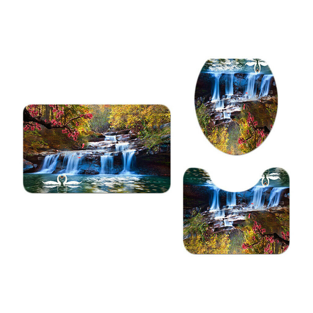 Landscape Pattern Toilet Lid Cover Bathroom Rug Set Home Decor Autumn Senery