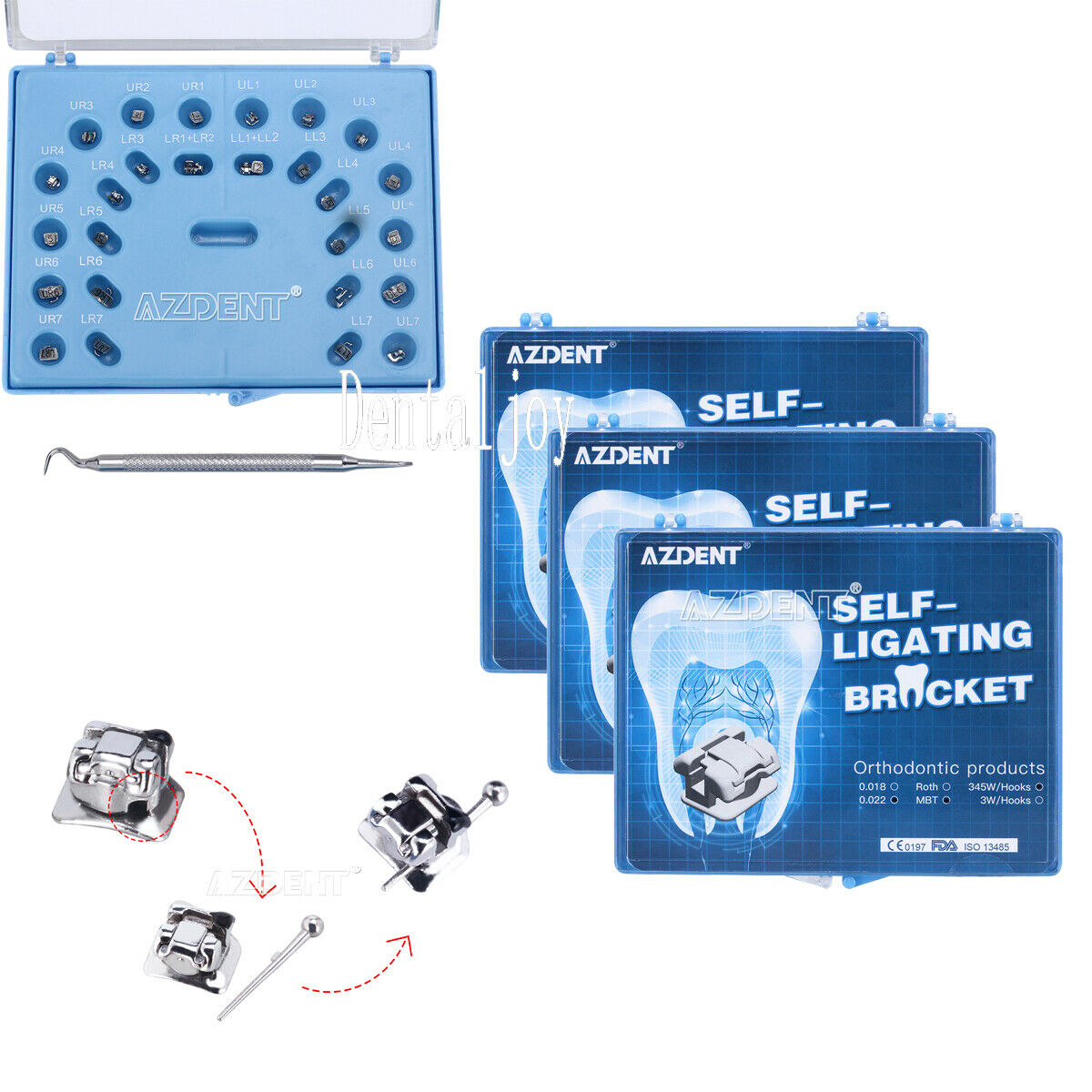 3 X AZDENT Dental Ortho Self-Ligating Brackets MBT 022" 345 Hook & Buccal Tube
