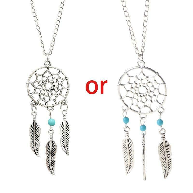 Women's Dangling Leave Charms Filigree Tribal Dream Catcher Pendant Necklace