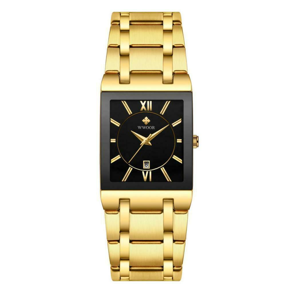 Mens Fashion Watch Rectangular Dial Analog Quartz Wristwatch Golden+Black