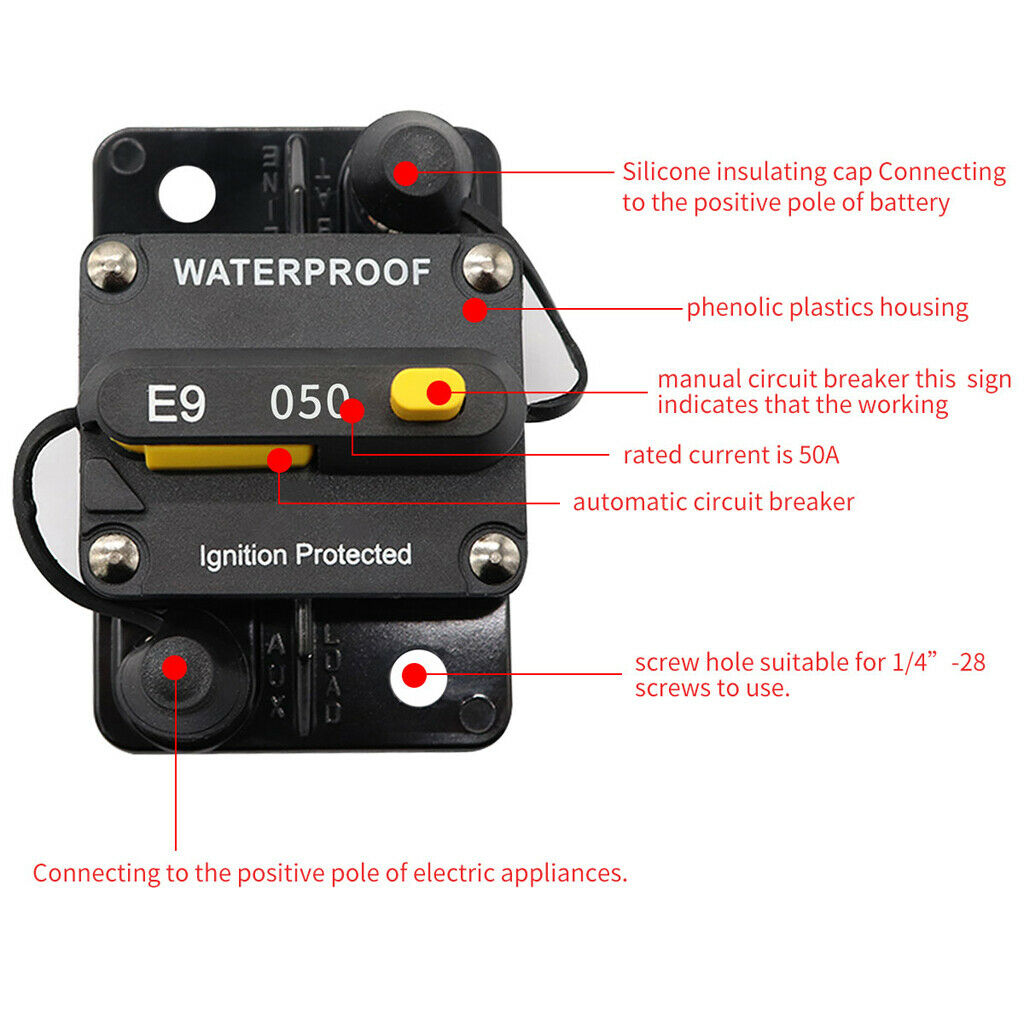 F433-50A 50 Amp Circuit Breaker with Manual Reset, 12V-24V DC, Waterproof