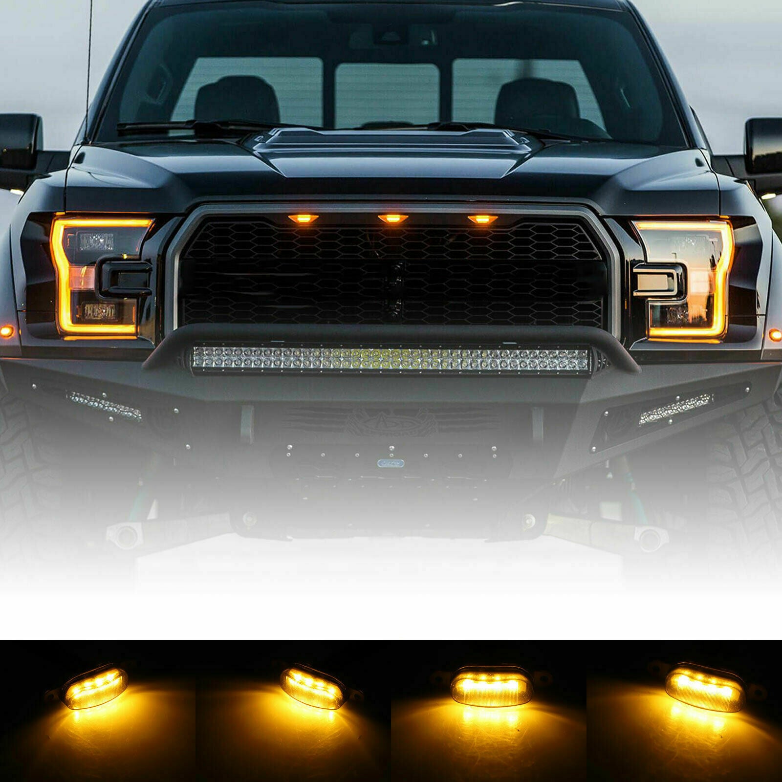 3X Amber Smoked LED Front Grille Grill Running Lights For Ford F150 Raptor Style