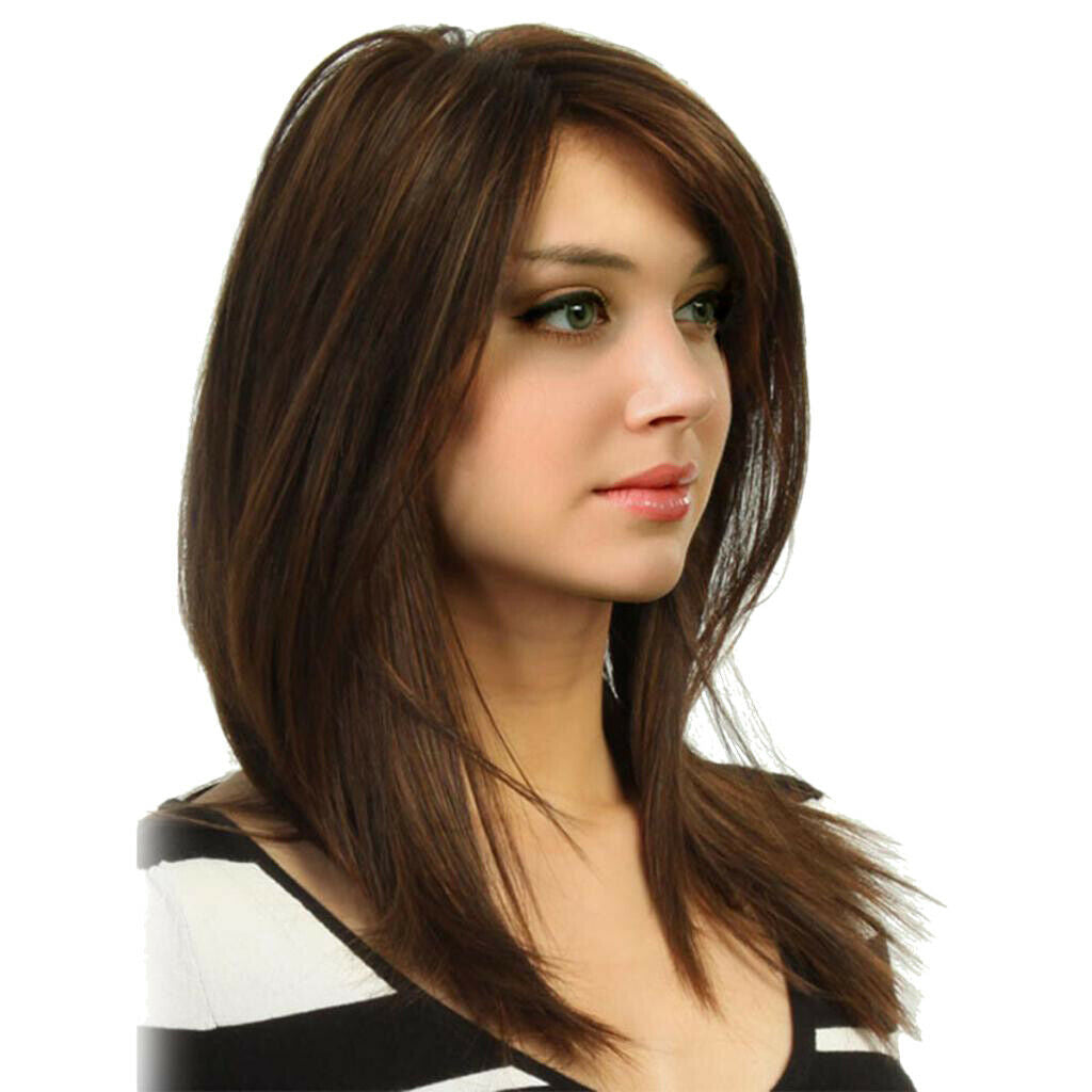 20" Women Long Straight Partial Bangs Wig Synthetic Hair Wig for Party Brown