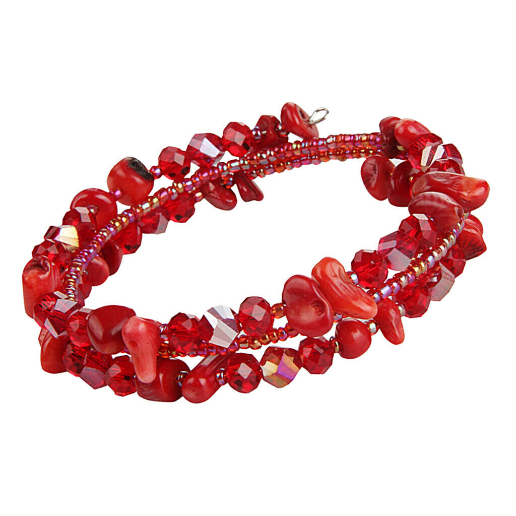 Adjustable 3 Rings Handmade Natural Crystal Bracelet Wrap Wristband Red