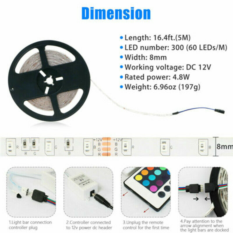 Led Strip Lights 3528 Rgb SMD Remote Fairy Lights Room TV Party Bar Kitchen Lamp