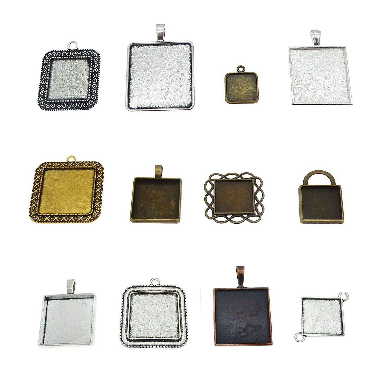 10-pack Assorted Blank Bezel Frames Square Pendant Jewelry Making Findings Alloy