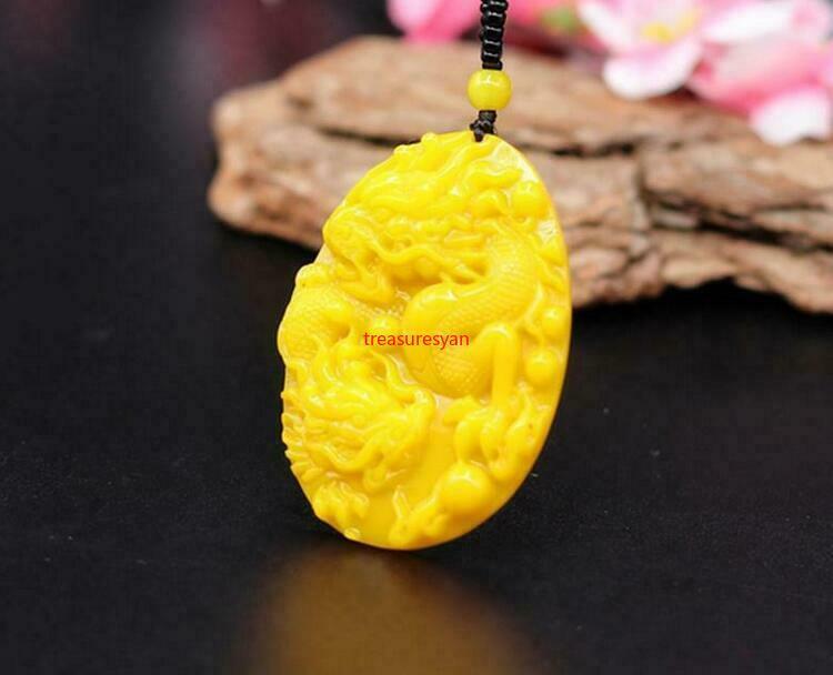 Yellow Jade Dragon Pendant Necklace Natural Jewelry Amulet Jadeite Carved Gifts