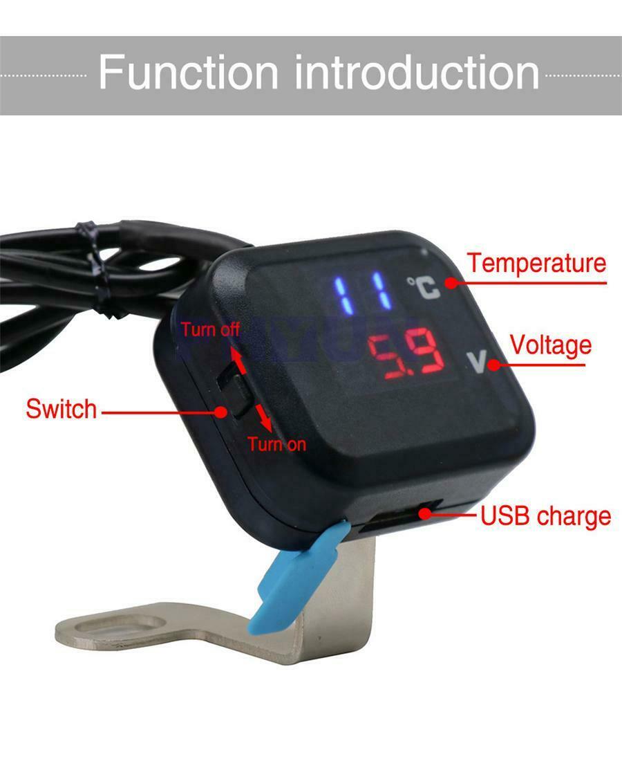 12V Motorcycle Digital Water Temp Gauge Voltmeter LCD Display with USB Charger