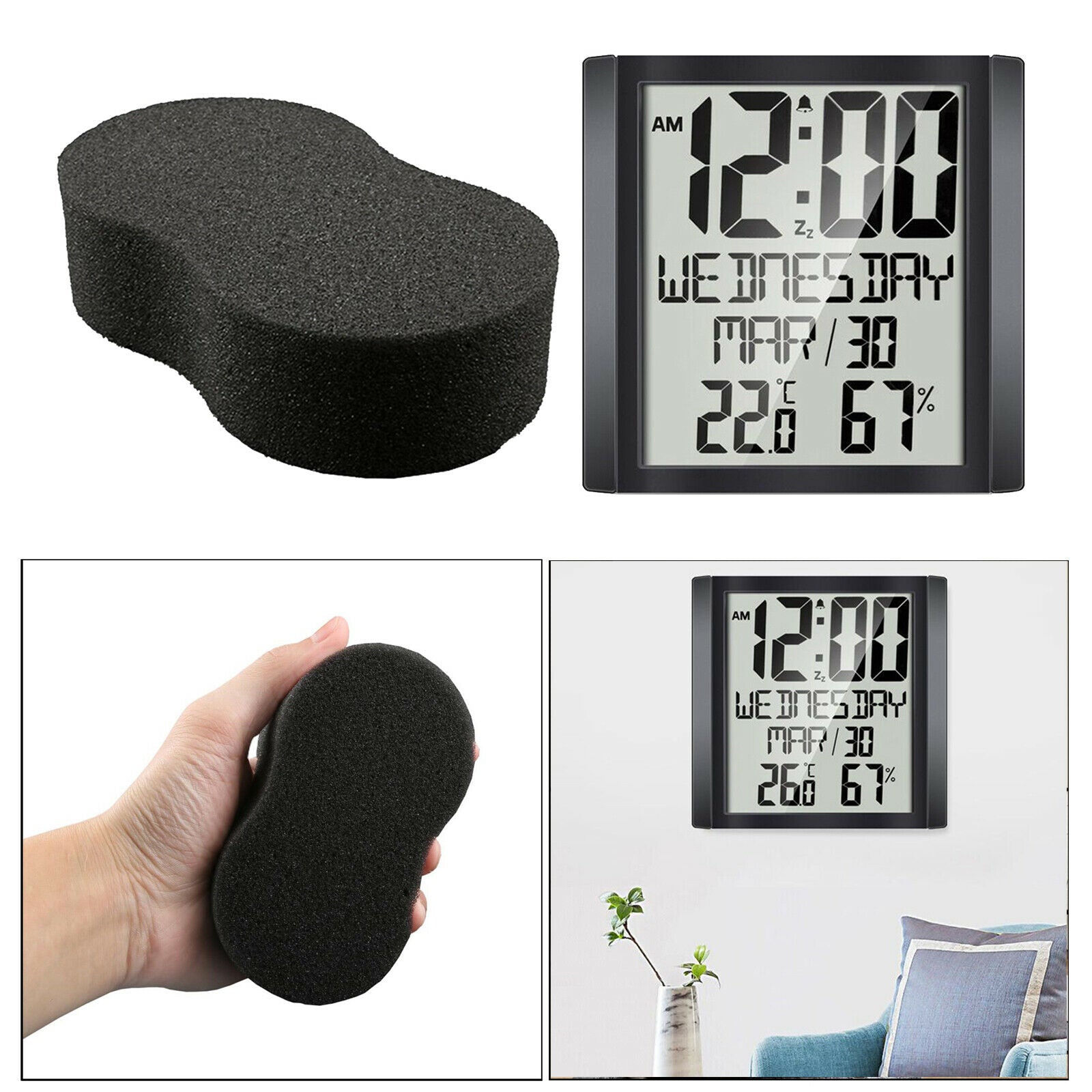 Compact digital day clock. Large display temperature and humidity display