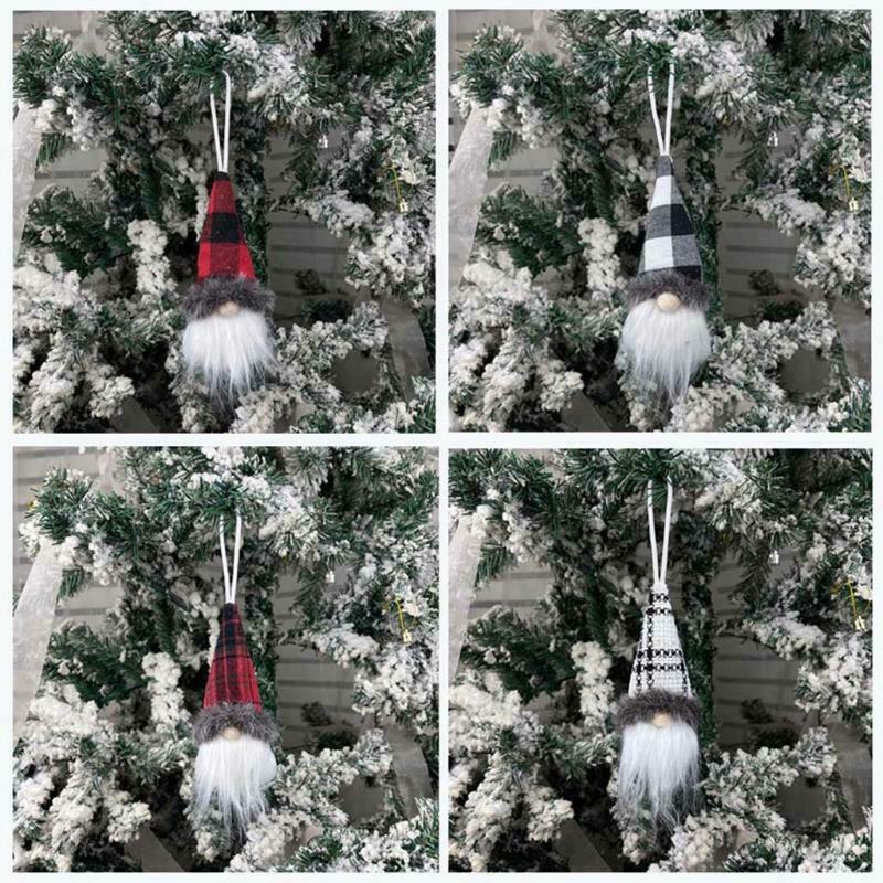 Set of 4 Christmas Tree Hanging Gnomes Ornament Swedish Handmade Plush Plaid Elf