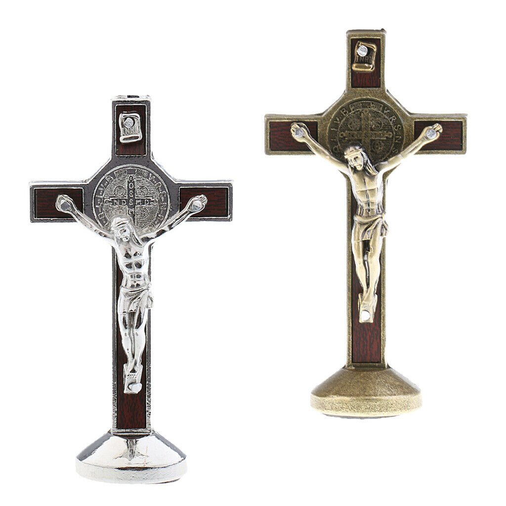 Set of 2 Metal Crucifix Jesus Christ Statue Church Desk Decorative Accessory