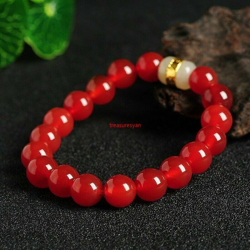 Certified Natural Red Agate Hetian White Jade Bead Bangle Bracelet Bead Dia.10mm