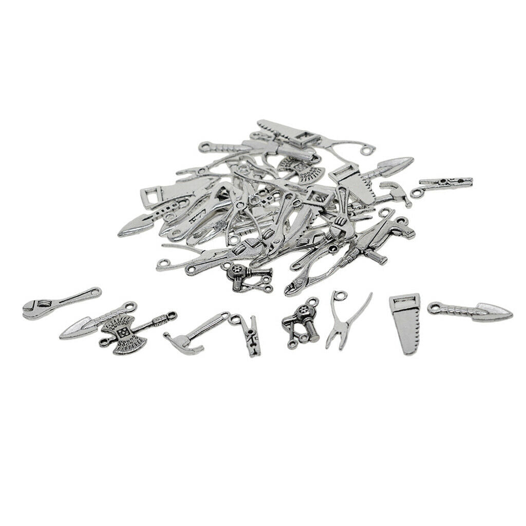 50Pcs Metal Mixed Tools Charms Pendant, Hammer Piler Wrench Charm Pendant,