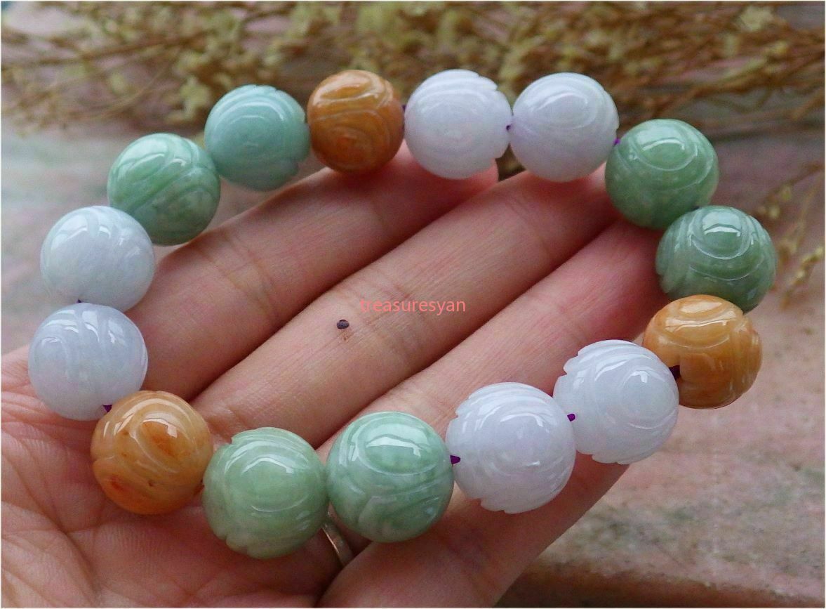 12-13mm Certified 3-color natural A jade jade lotus beaded bangle bracelet