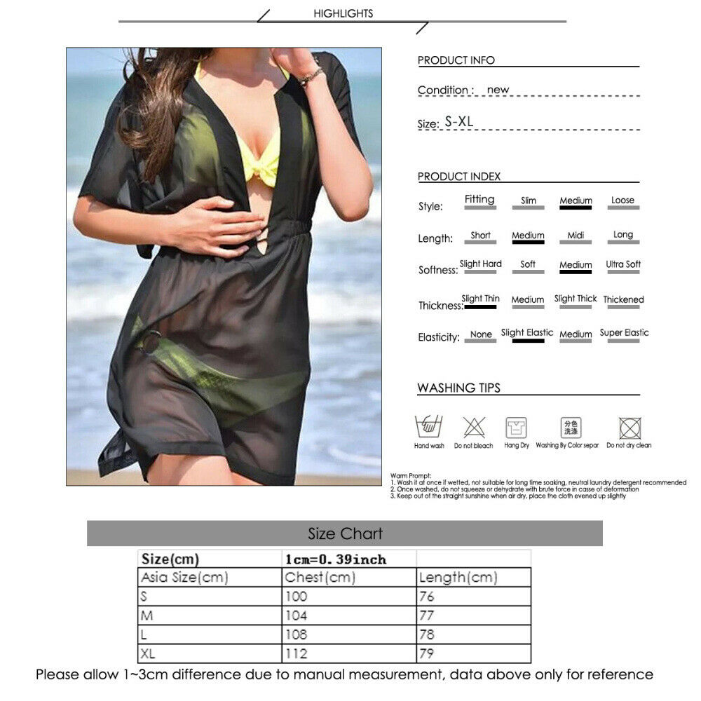 Women Chiffon Bikini Cover Up Sexy Plunge V-neck Swimsuit Swimwear Beach Dress