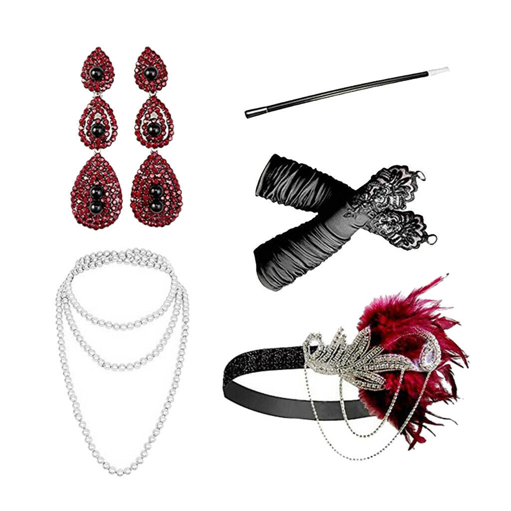 5pcs/Set Womens 1920s Feather Headband Necklace Gloves Party Fancy Costume