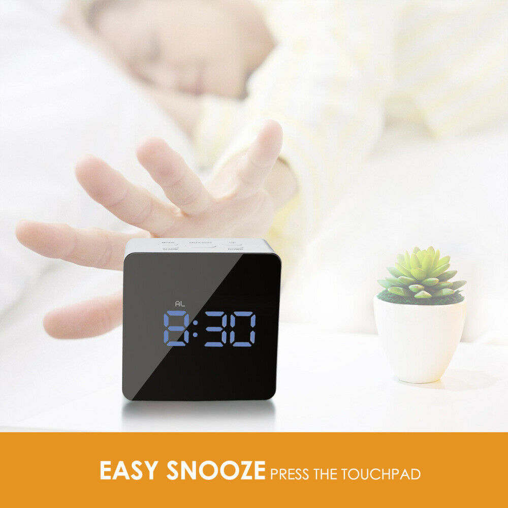 USB LED Digital Alarm Clock Night Light Thermometer Display Mirror Lamp