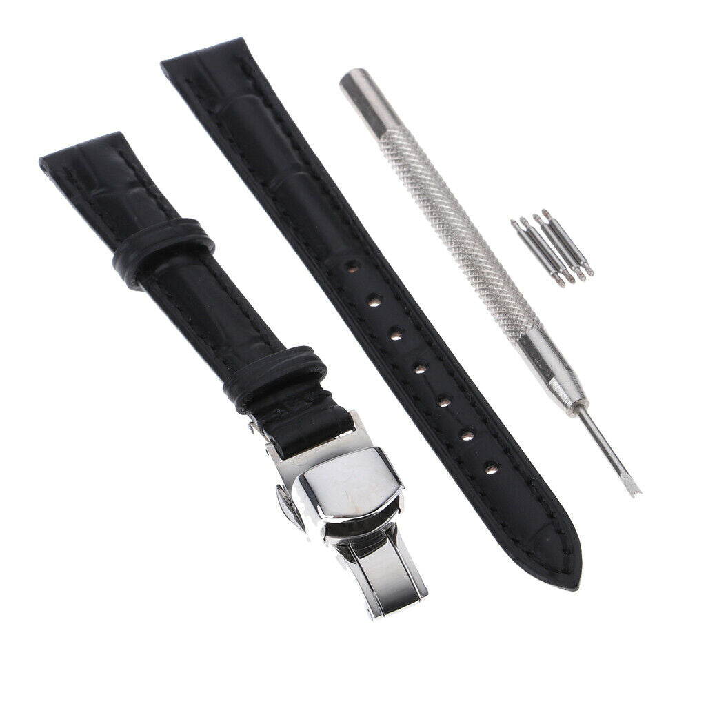 Watch Band Leather Replacement Belt Buckle Accessory Black with black line