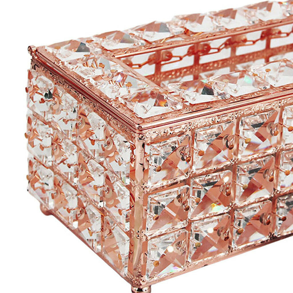 Rectangular Crystal Facial Tissue Box Cover Metal Holder for Desk Table Rose