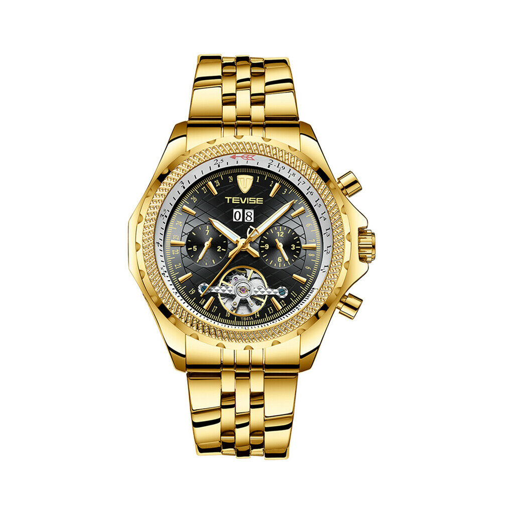 Business Watch Mechanical Automatic Wirstwatch Week Month Dial Golden - Black