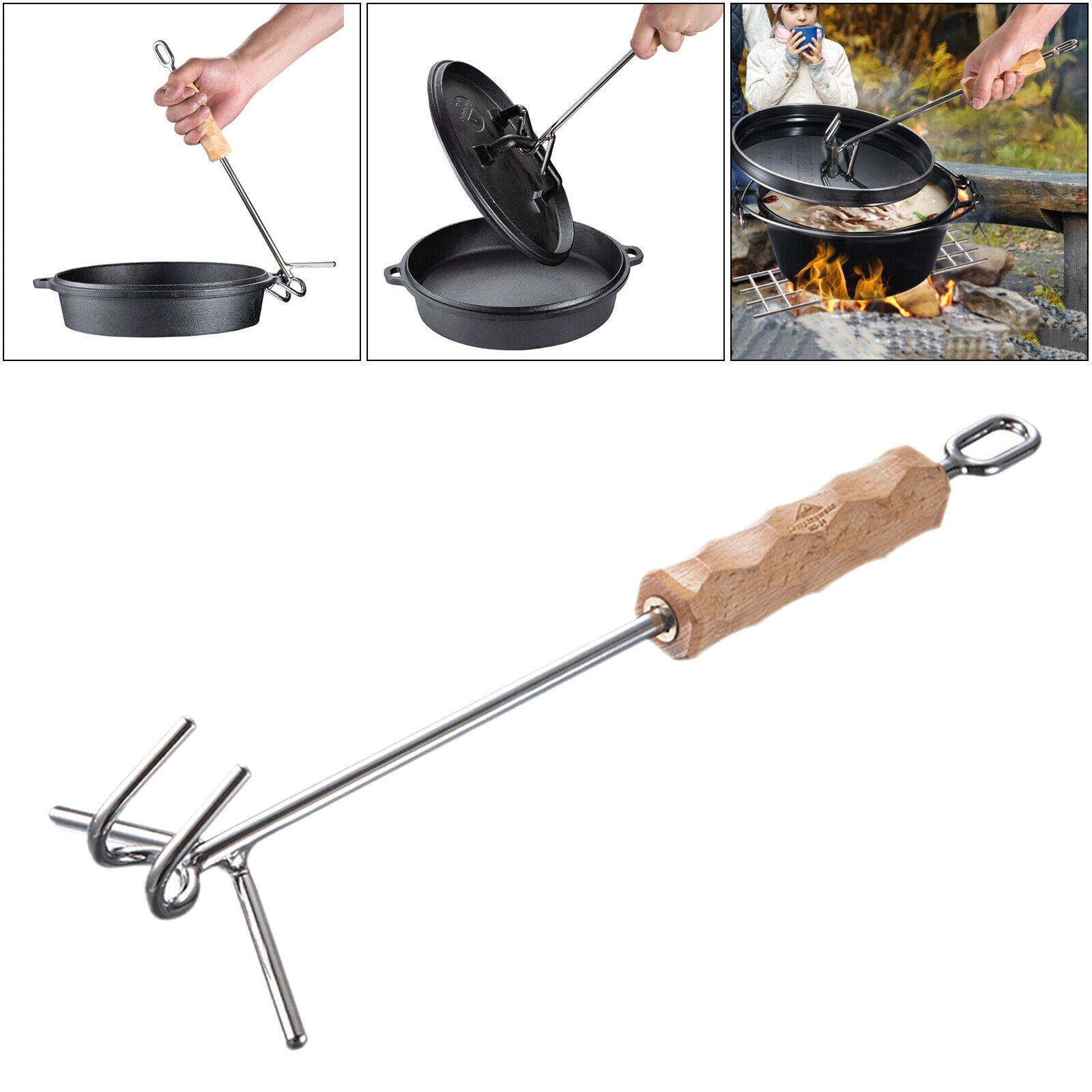 Stainless Steel Camp Oven Lid Lifter Wooden Handle Scratch Resistant 14''