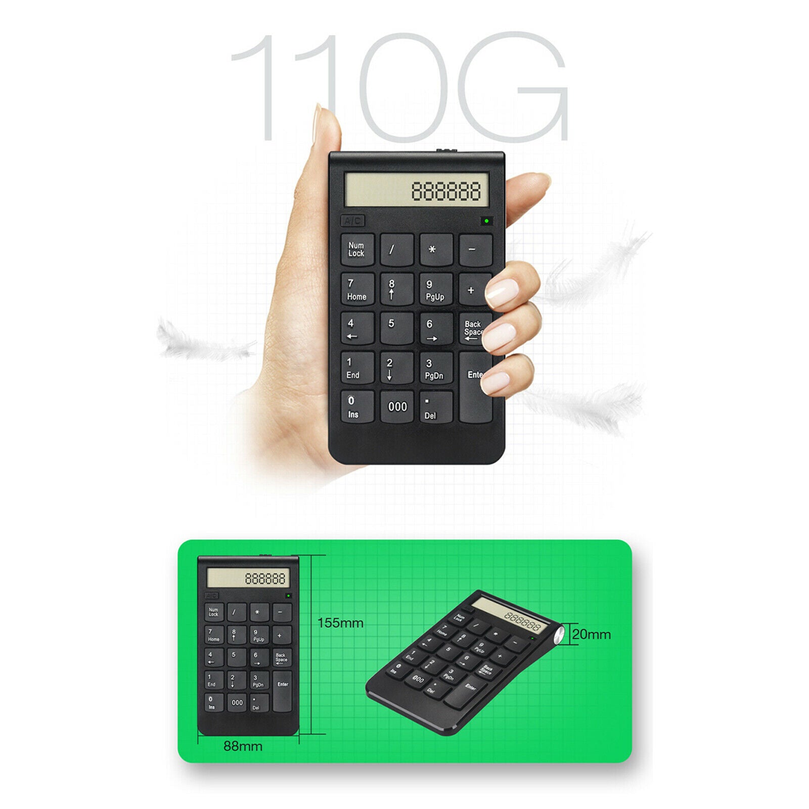 Wireless Numeric Keypad 20 Keys USB Receiver 2.4G Portable for PC Desktop