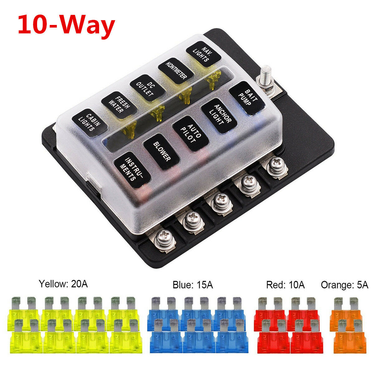 10-Way Blade Fuse Box Block Holder LED Indicator w/ Fuses For Car Truck Marine