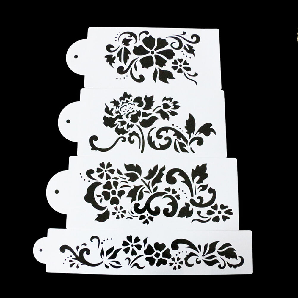 4PCS Flowers Fondant Cake Stencil Kitchen Cupcake Template Mold Baking To.l8