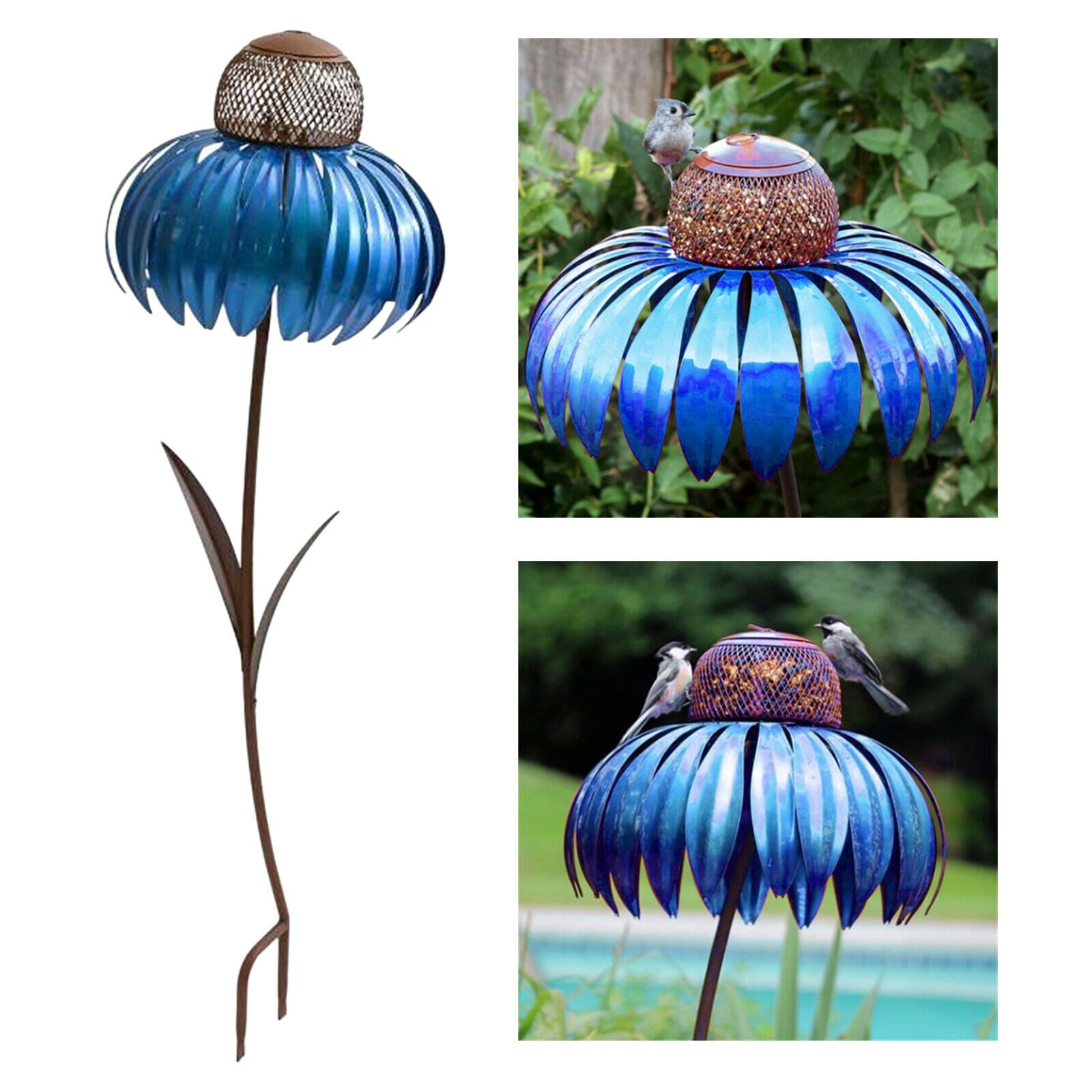 Metal Coneflower Bird Feeder Handpainted Stake Decorative Rust Resistant