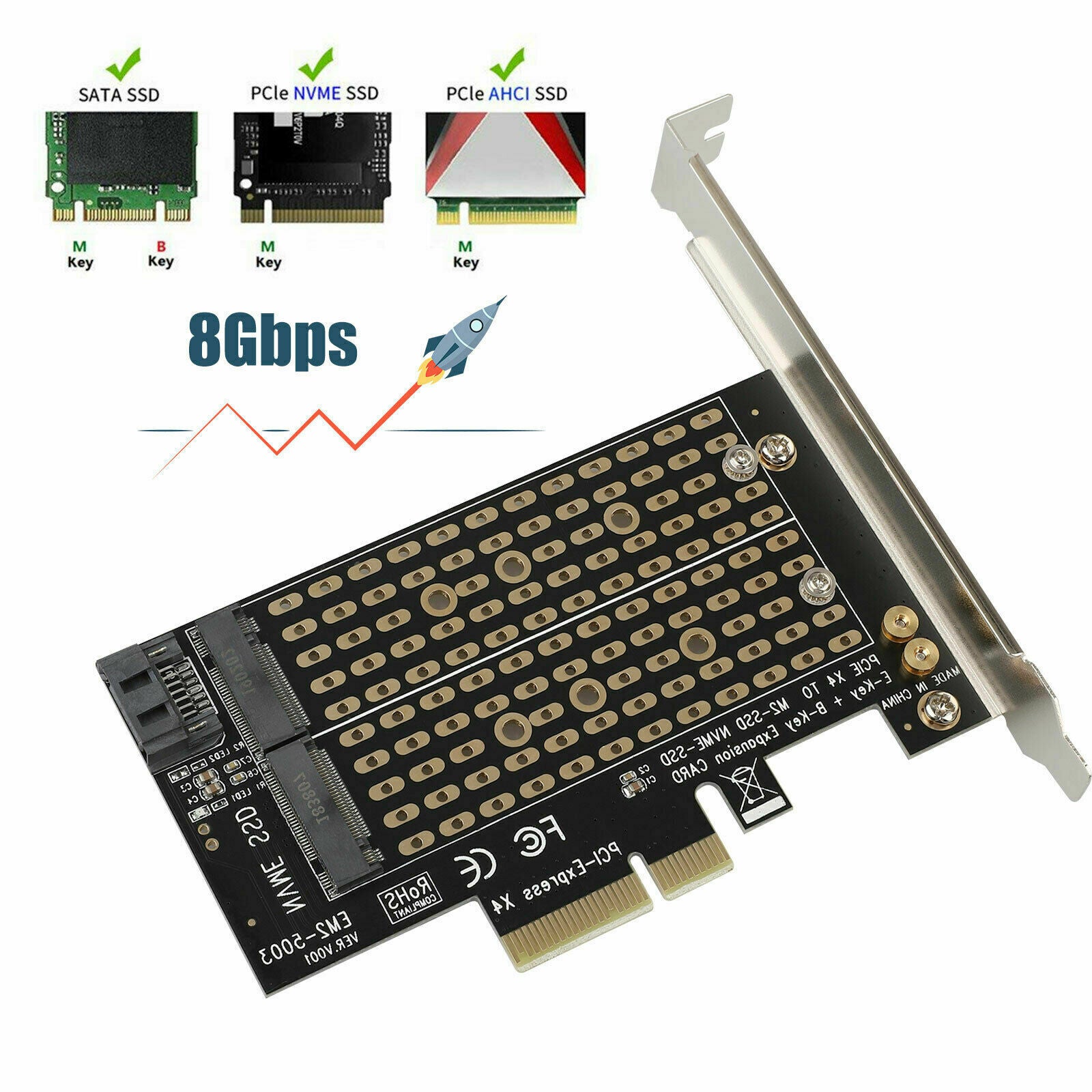 M.2 NGFF to Desktop PCIe x4 x8 x16 NVMe Dual SSD SATA PCI Express Adapter Card