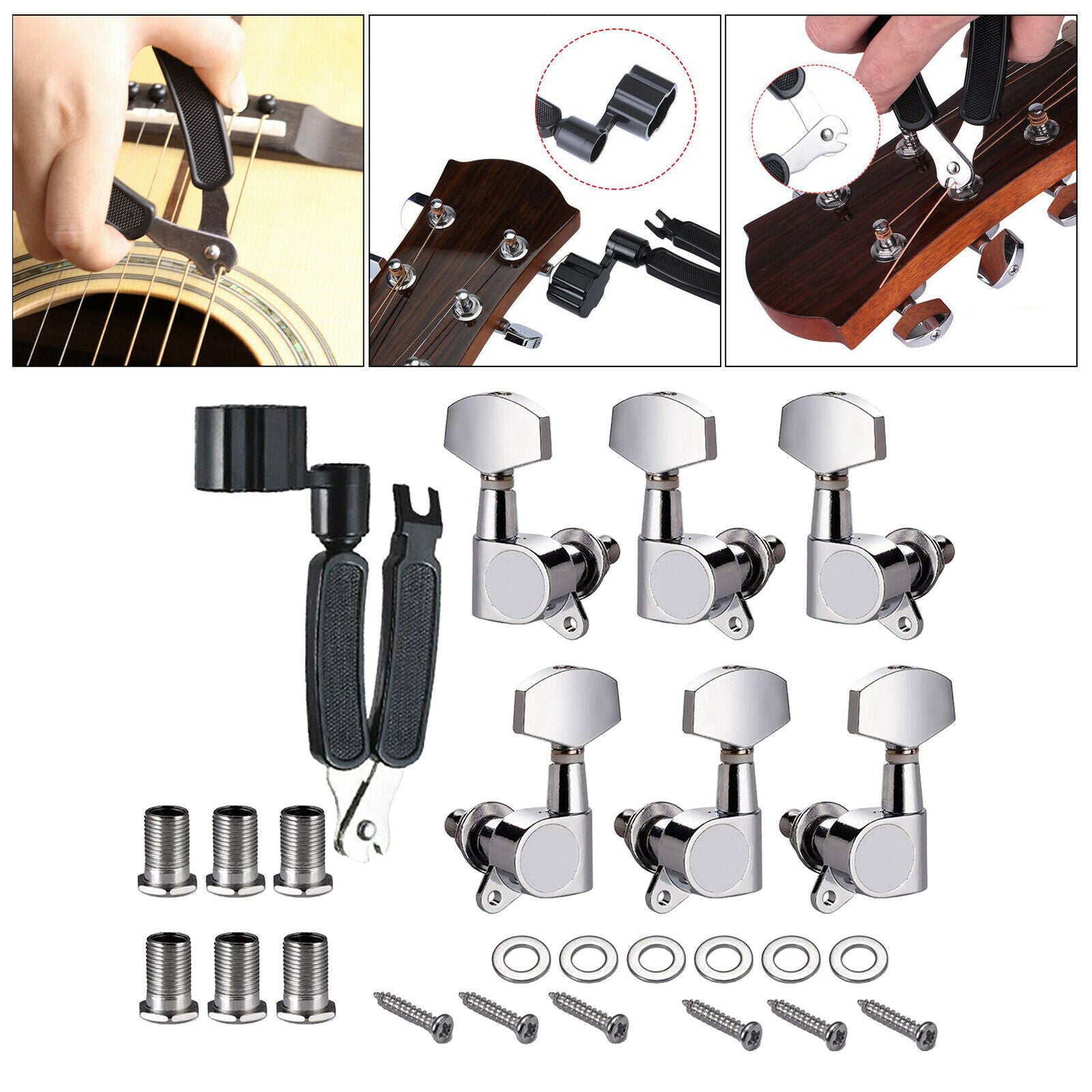6pcs Bass Guitars Machines Heads Tuners 3 Left, 3 Right & Screws Accessories