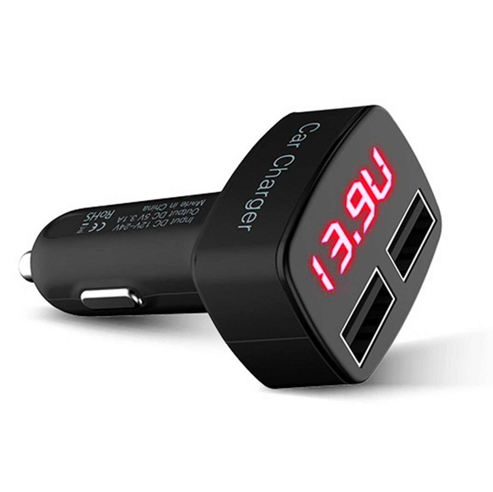 Black Car Charger/Thermometer/Ammeter/Voltmeter Dual USB Port 3.1A LED Monitor