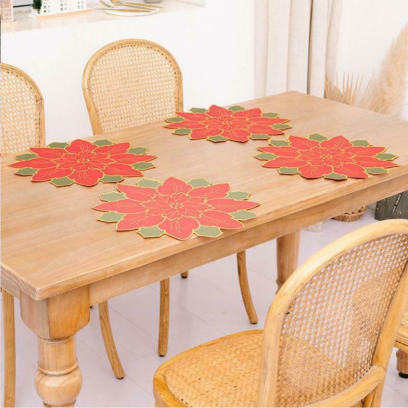 4 Pcs Christmas Flower Placemat Cutwork Embroidered Floral Christmas Flowers