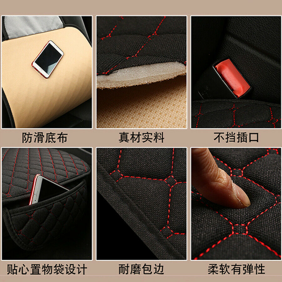 Breathable Linen Car Front Seat Cover Cushion Protector Black + Red For One Seat