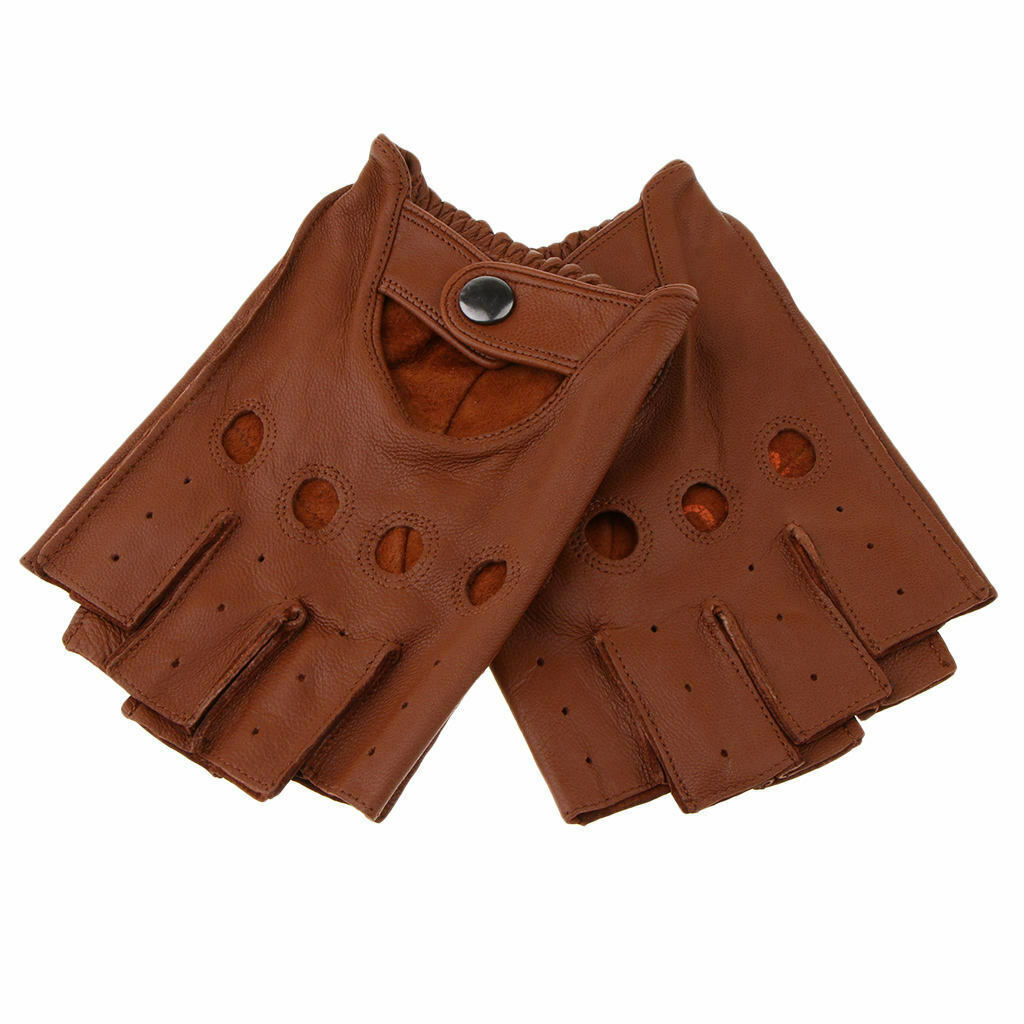 Retro PU Leather Men Fingerless Driving - Brown Button, L