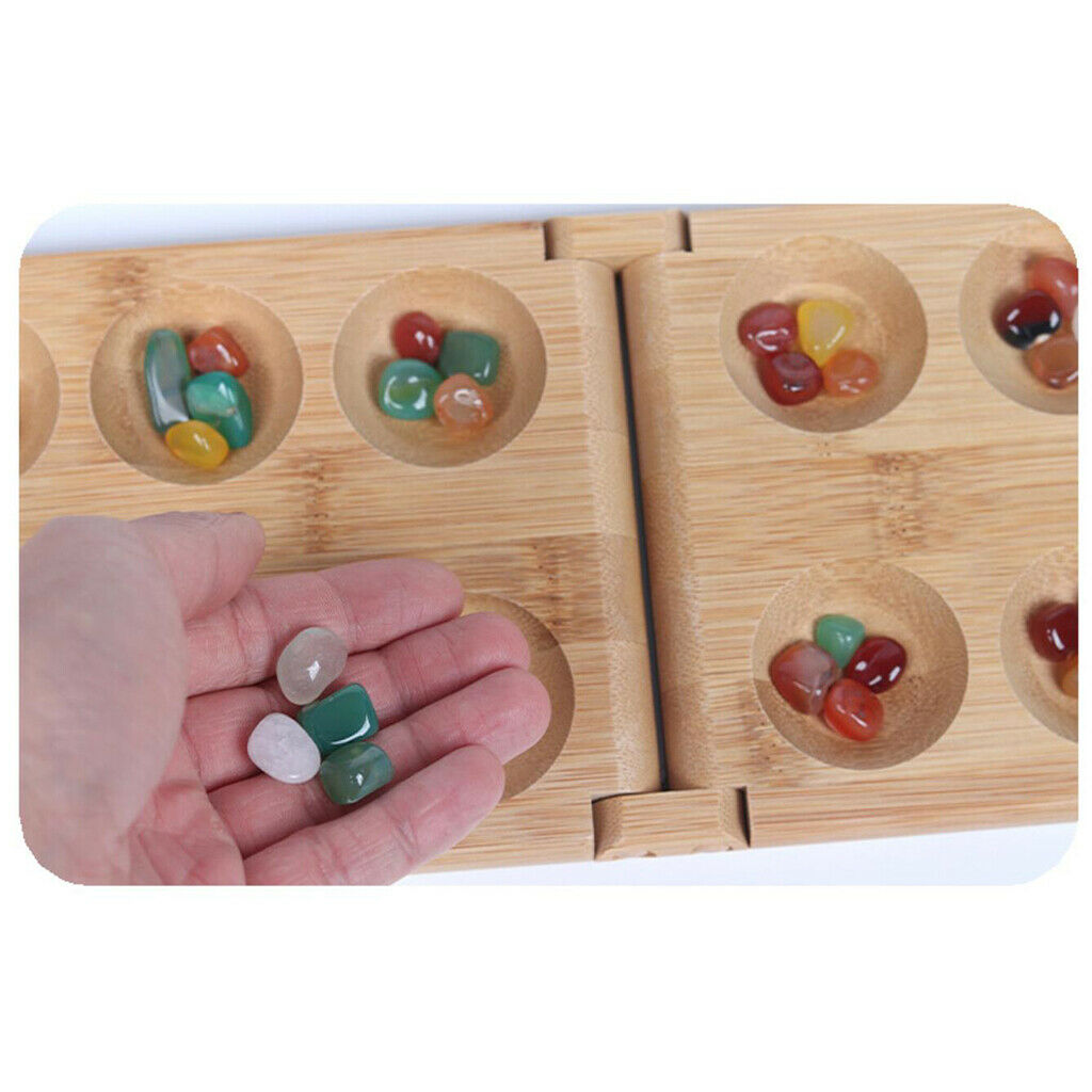 Portable Foldable Wooden Mancala Board Game with 48 Colourful Stones for Kids