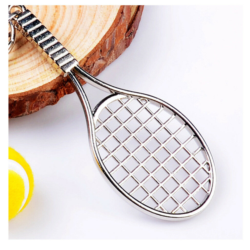 Tennis Ball Racket Pendant Charm Keyring Key Chain Split Ring of Yellow