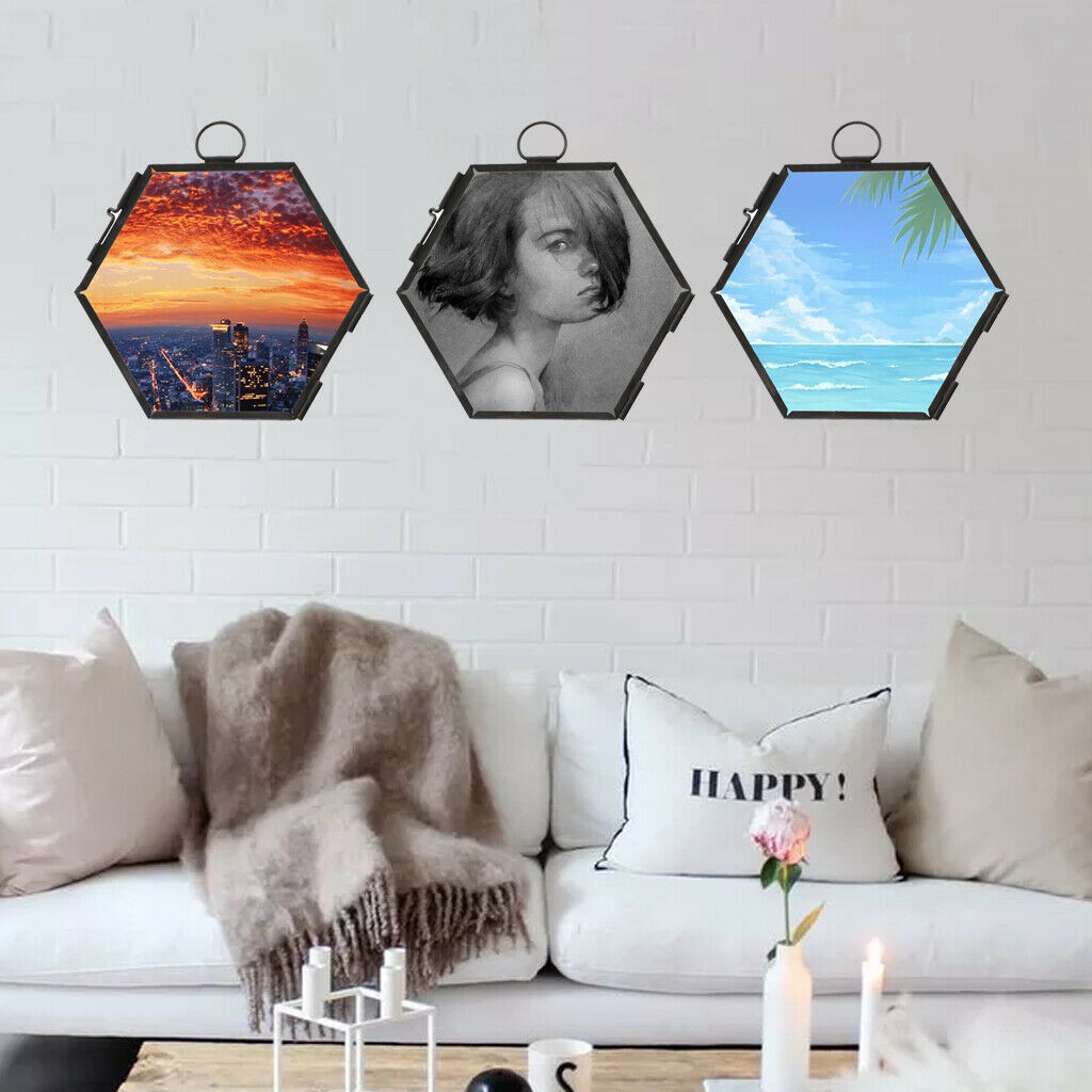 2 Pieces Modern Wall Hanging Hexagon Glass Displaying Photo Frame Black