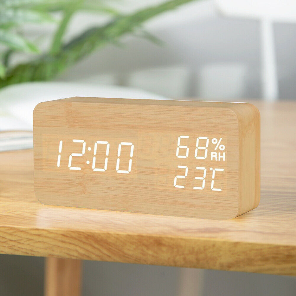 Digital Alarm Clock Wooden LED Temperature Electronic Voice Control Table Clocks