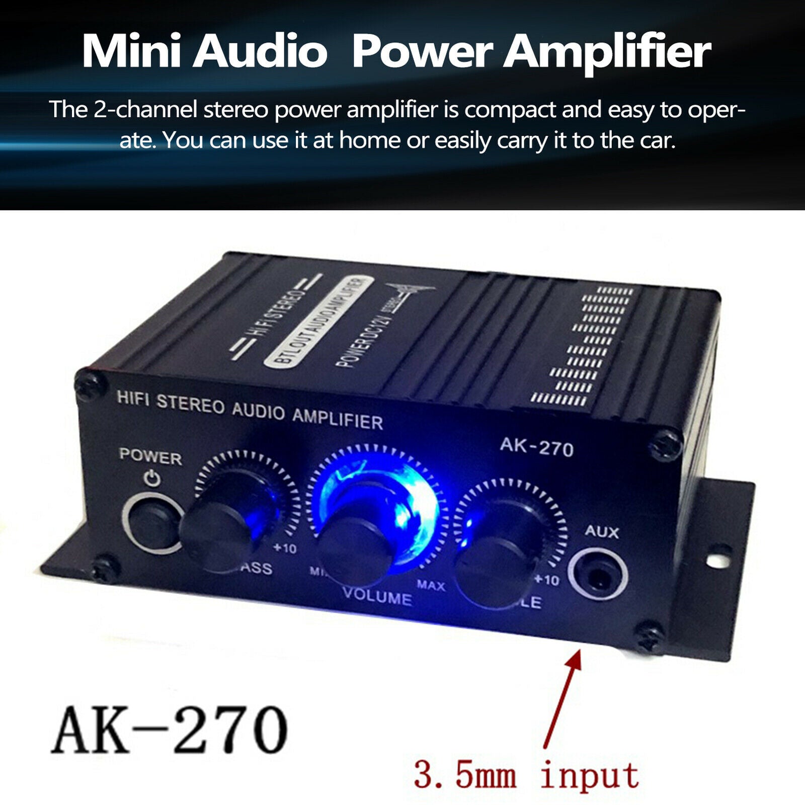 Audio Stereo Amplifier Bass Treble Input Speakers for Desktops Bedrooms Home