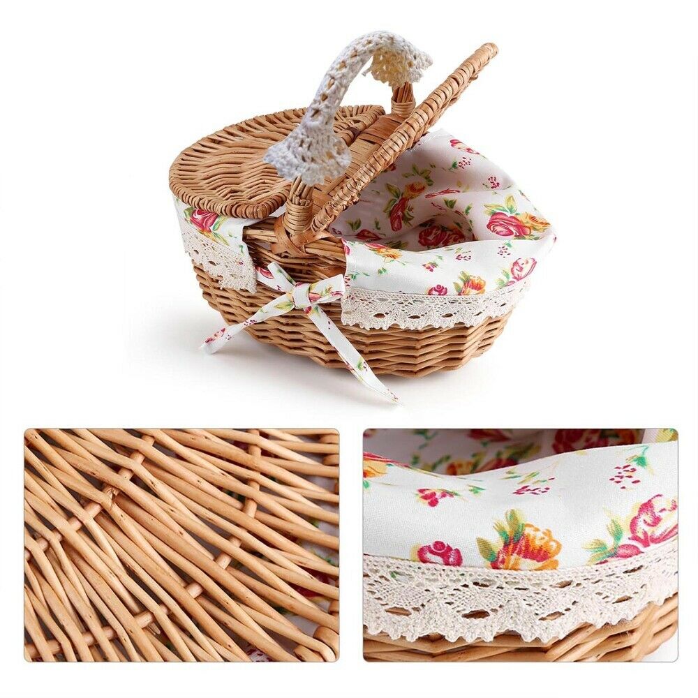 Wicker Linen Picnic Basket Food Storage Hamper Wooden Handle Camping Handmade