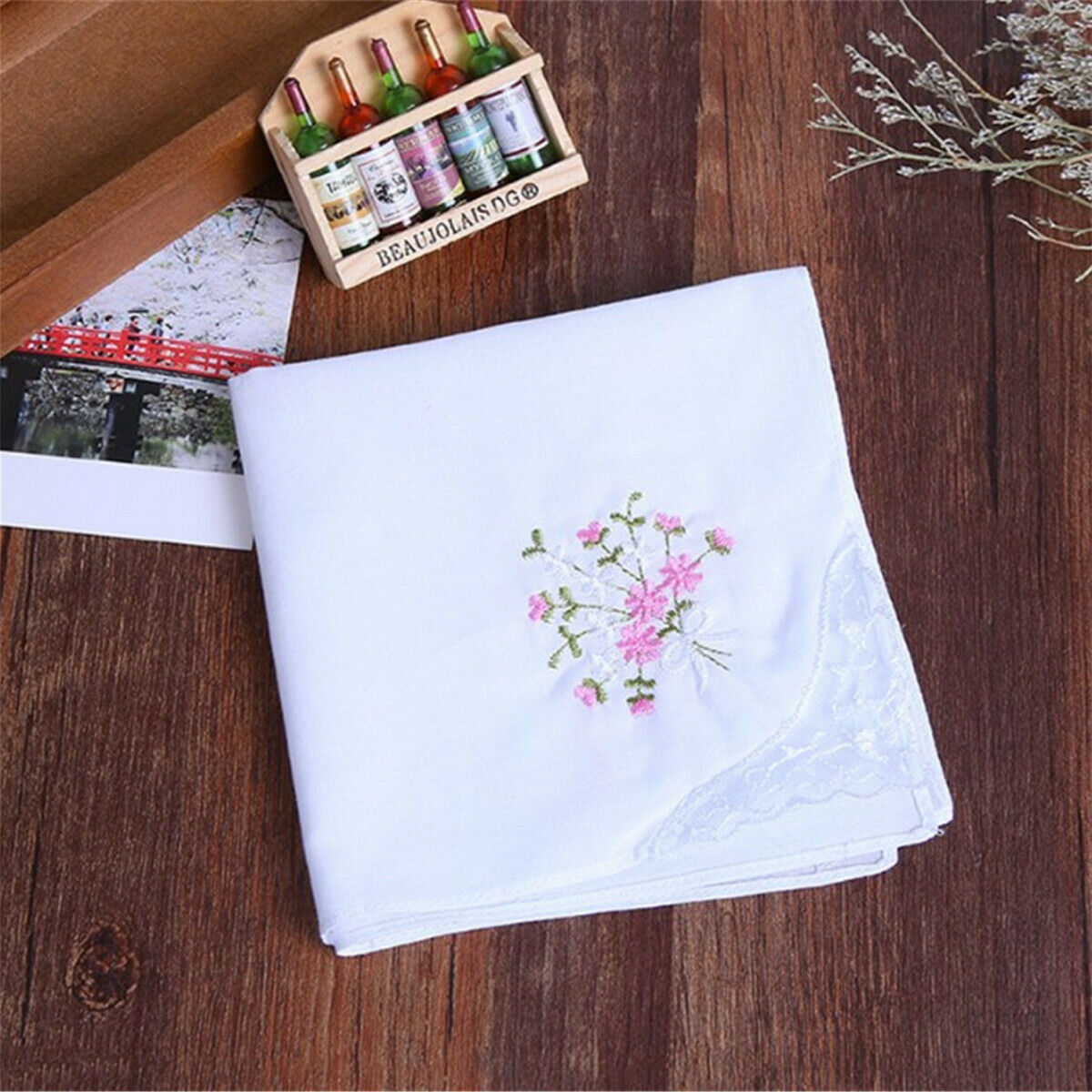 Cotton Embroidered Handkerchief With White Lace Corner Embroidery Handkerchief
