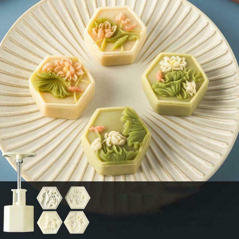 50g Mooncake Barrel Mold with 4pcs Square Flower Stamps Hand Press Moon Cake